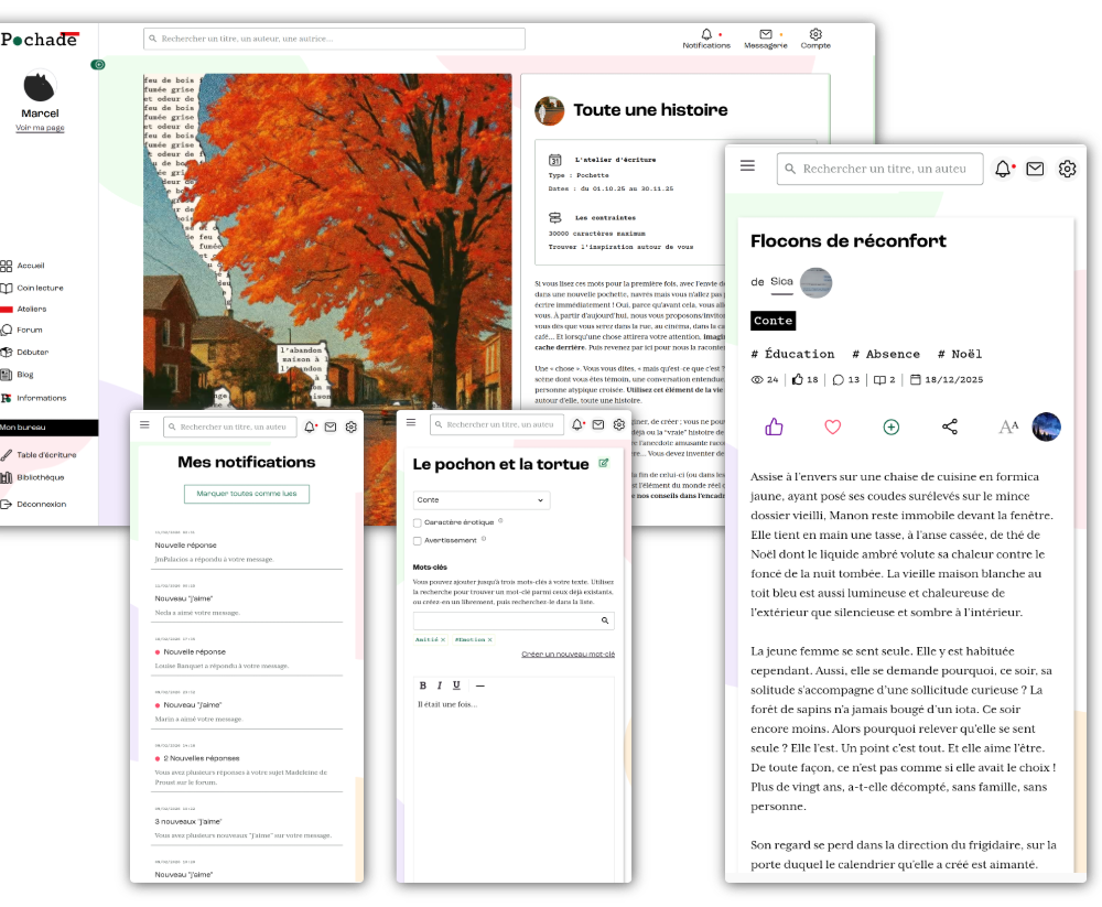 Capture d'écran d'une page web présentant des ateliers d'écriture avec une offre promotionnelle de 6,99 € au lieu de 10 €, incluant des pochettes mensuelles et des rendez-vous créatifs appelés rencards.