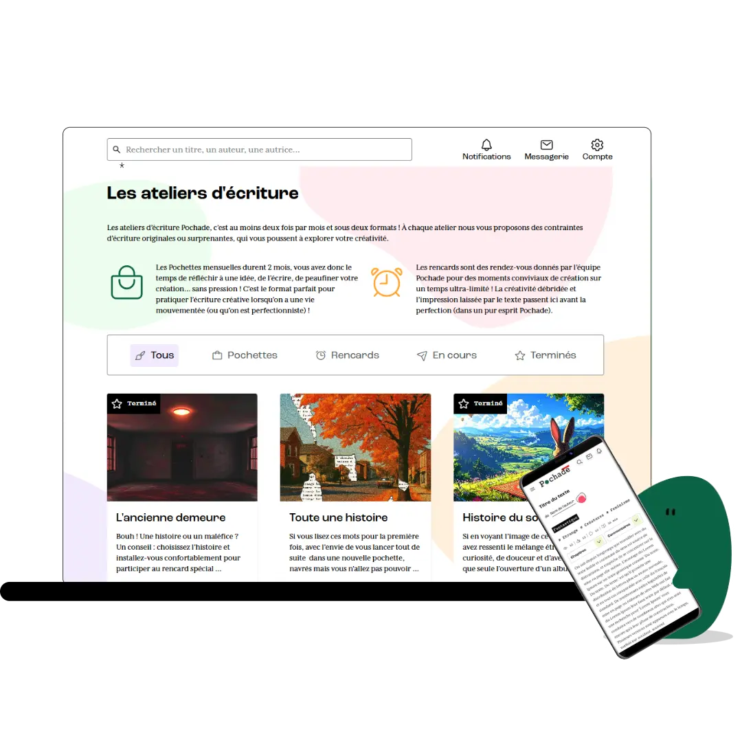Interface d'application d'ateliers d'écriture Pochade en format mobile et desktop.