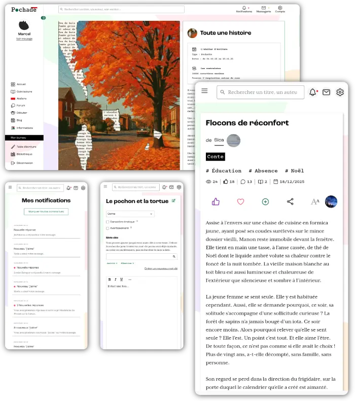 Interface d'application d'ateliers d'écriture Pochade affichant des ateliers d'écriture, des notifications, des textes, en format mobile et desktop.
