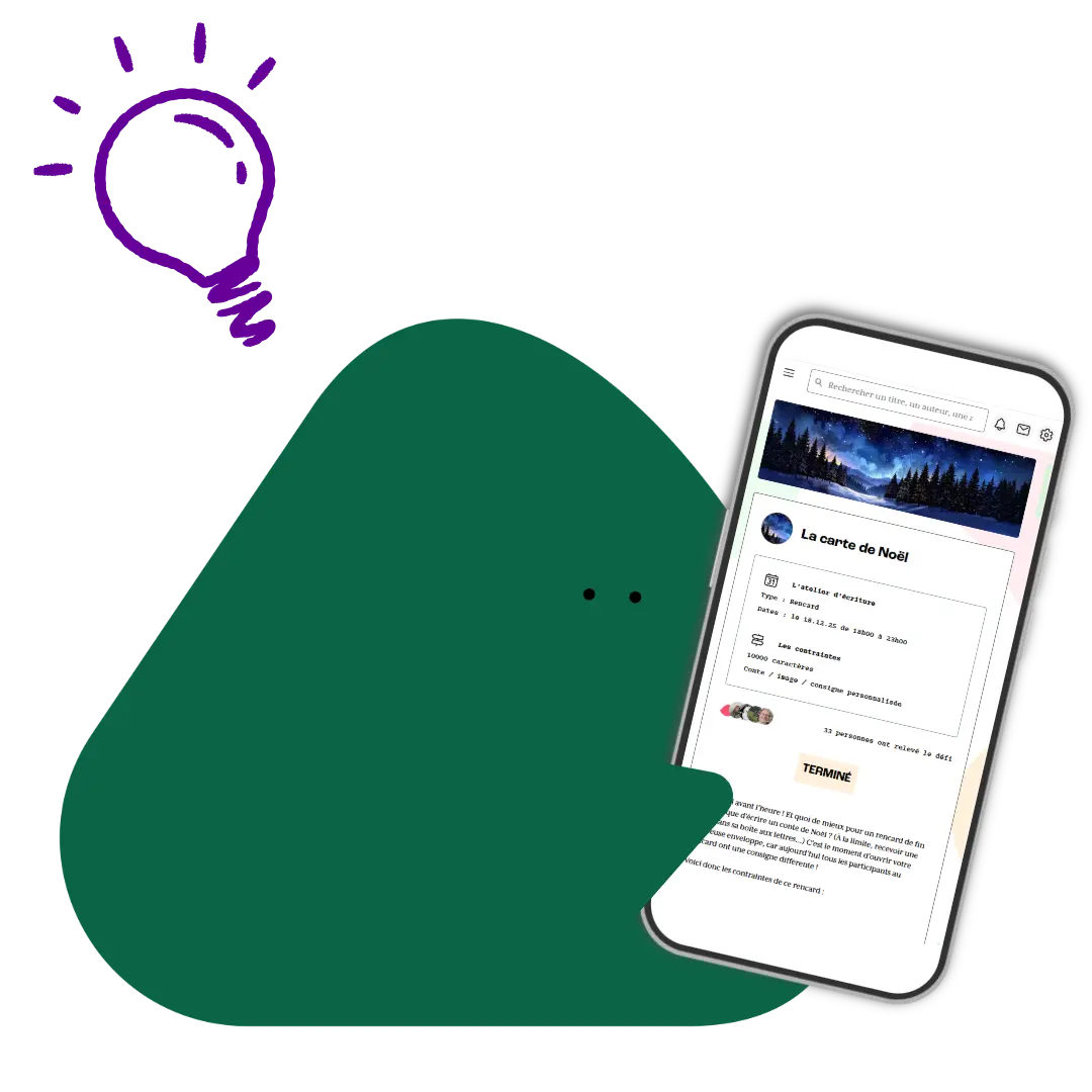 petit personnage rond et qui porte un téléphone mobile ouvert sur la plateforme d'écriture pochade.