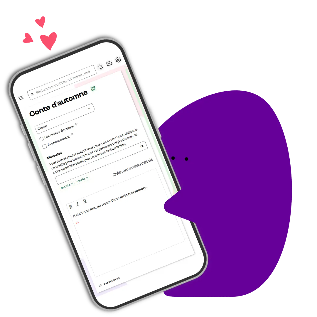petit personnage rond violet qui porte un téléphone mobile ouvert sur la plateforme d'écriture pochade.
