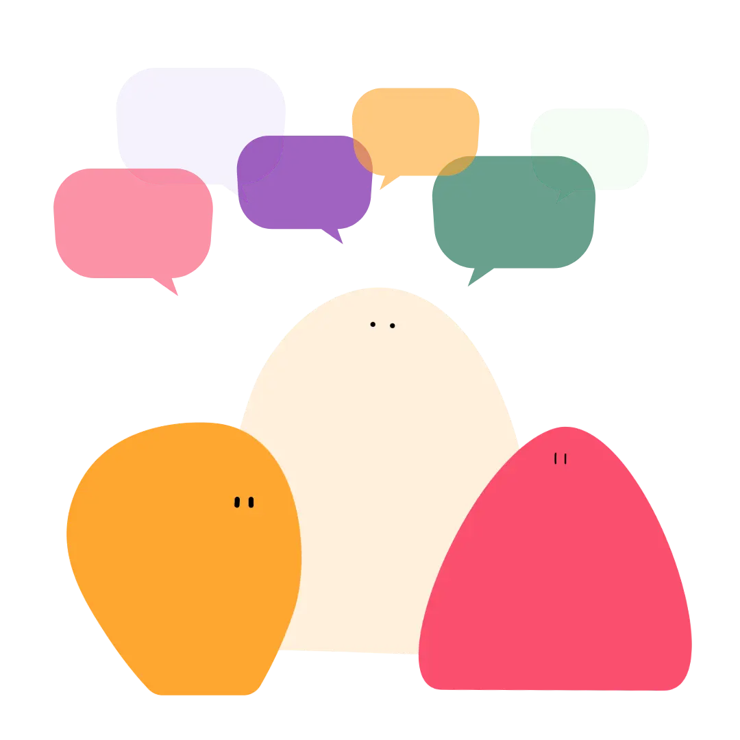 trois petits personnages ronds et colorés survolés de bulles de dialogues vides.