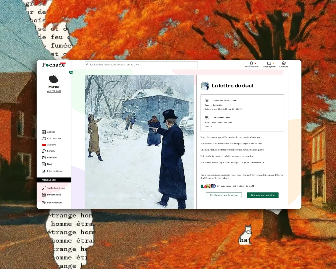 Ecran d'ordinateur sur une page présentant un atelier d'écriture sur Pochade la plateforme d'écriture, sur un fond décoratif représentant une gravure de duel.