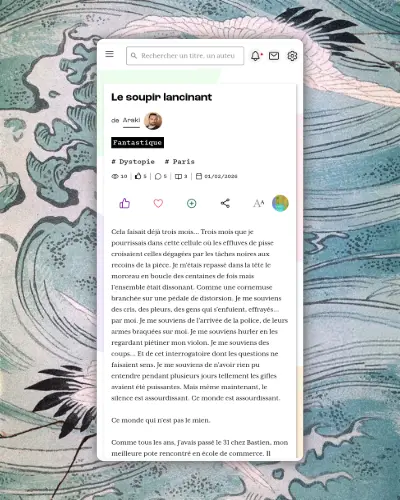 Ecran mobile sur une page texte de Pochade la plateforme d'écriture, sur un fond décoratif représentant deux hérons sur des vagues.