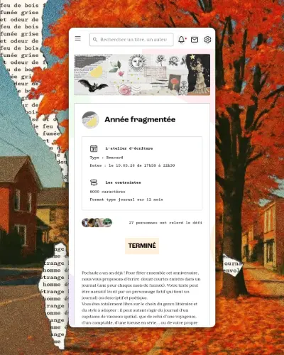 Ecran mobile sur une page présentant un atelier d'écriture sur Pochade la plateforme d'écriture, sur un fond décoratif représentant une gravure de duel.