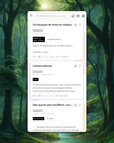 Ecran mobile sur la page Coin lecture de Pochade la plateforme d'écriture, sur un fond décoratif représentant une forêt.