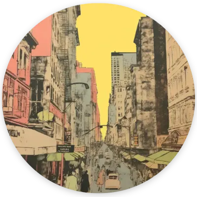 Rue d'une ville avec des gratte ciel, style retro.