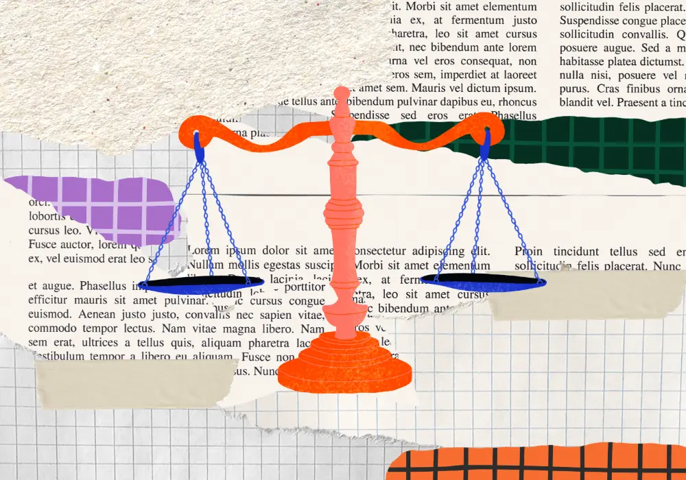 Illustration d'une balance orange et bleue sur un fond de papiers journaux et papiers avec des carreaux. 