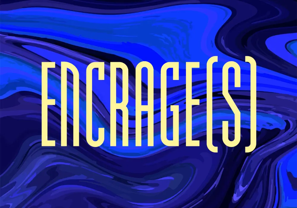Visuel du podcast Encrage[s] : un fond bleu qui ressemble à des mouvements d'encre ou de peinture, et Encrage[s] écrit en jaune. 