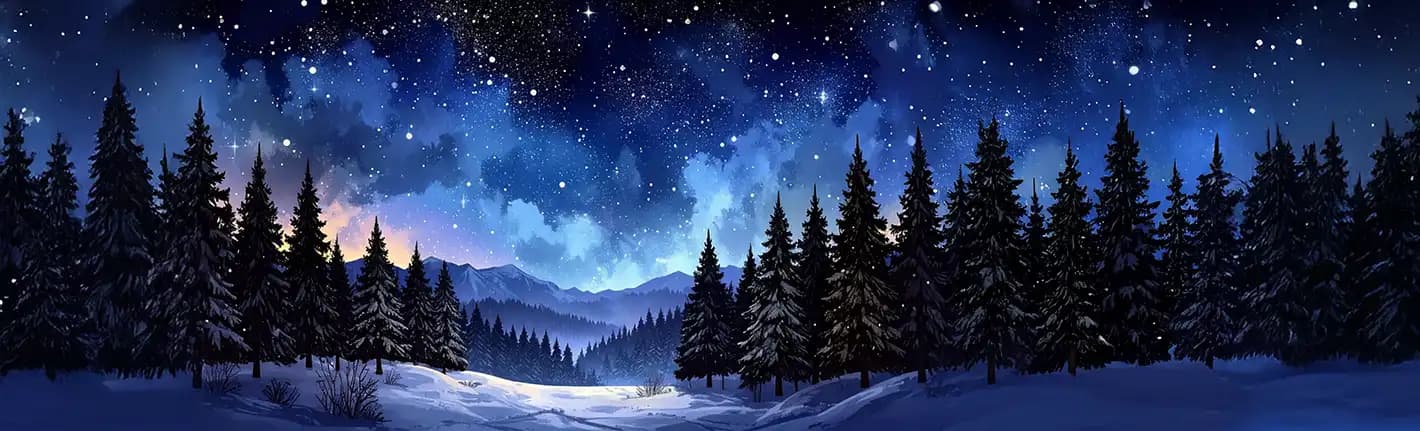 Paysage enneigé, la nuit, avec des sapins, dans les ton bleus avec un ciel étoilé. 