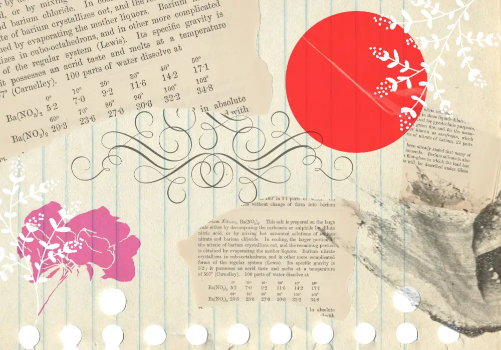 Collage papier avec des fleurs, des pages contenant du textes, de la calligraphie.