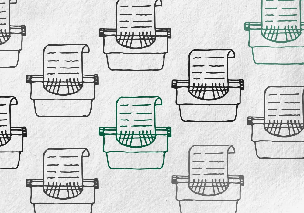 Illustration type papier peint composé de dessins de machine à écrire noires et vertes, sur fond blanc de papier. 