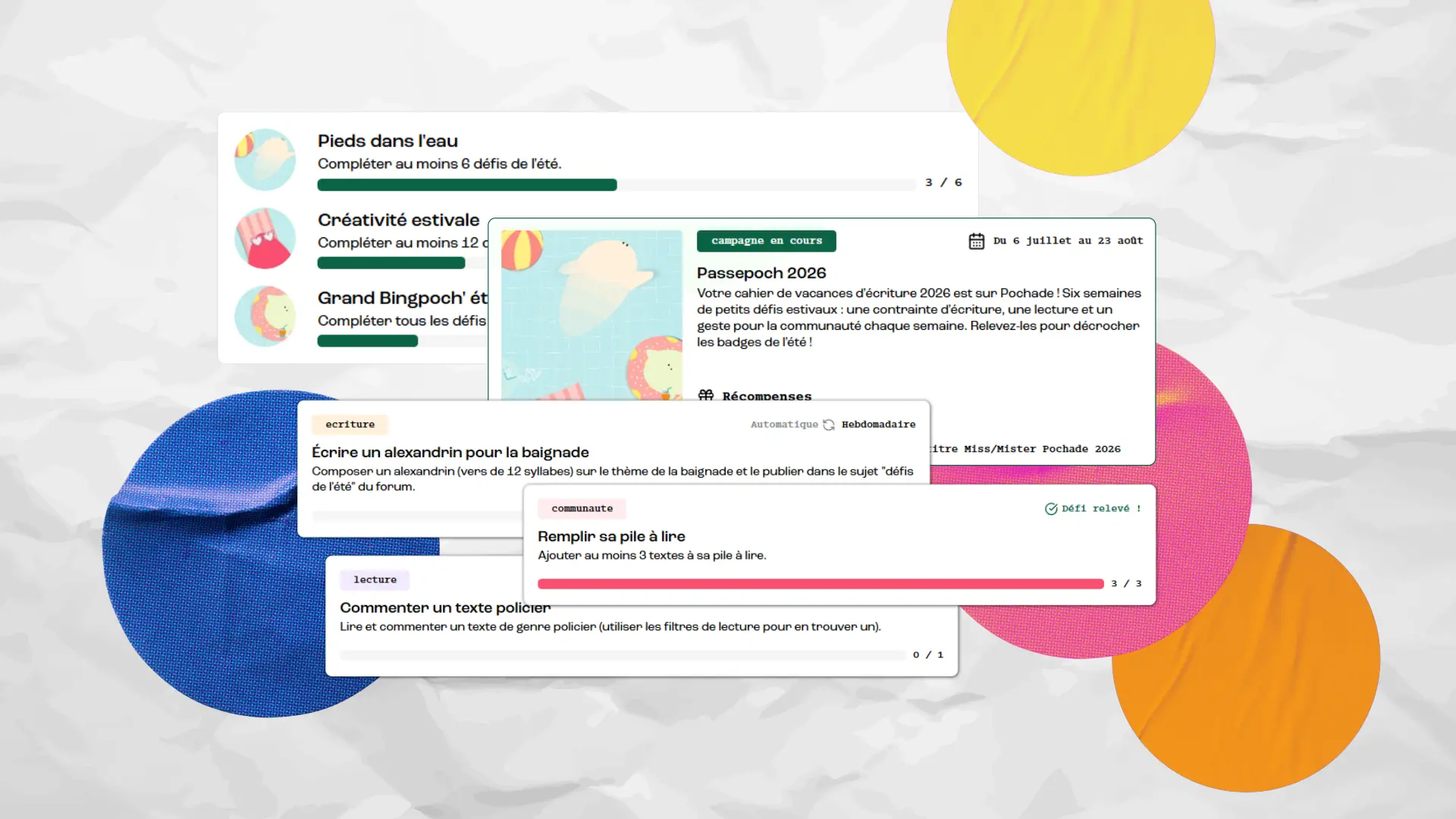 Aperçu de la plateforme d'écriture pochade et notamment les défis hebdomadaires