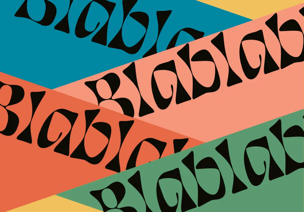 Illustration pour l'article de blog de pochade "Comment écrire un dialogue réaliste.", visuel coloré avec des bandes de différentes couleurs qui s'entrecroisent et sur lesquelles est écrit "blablabla"