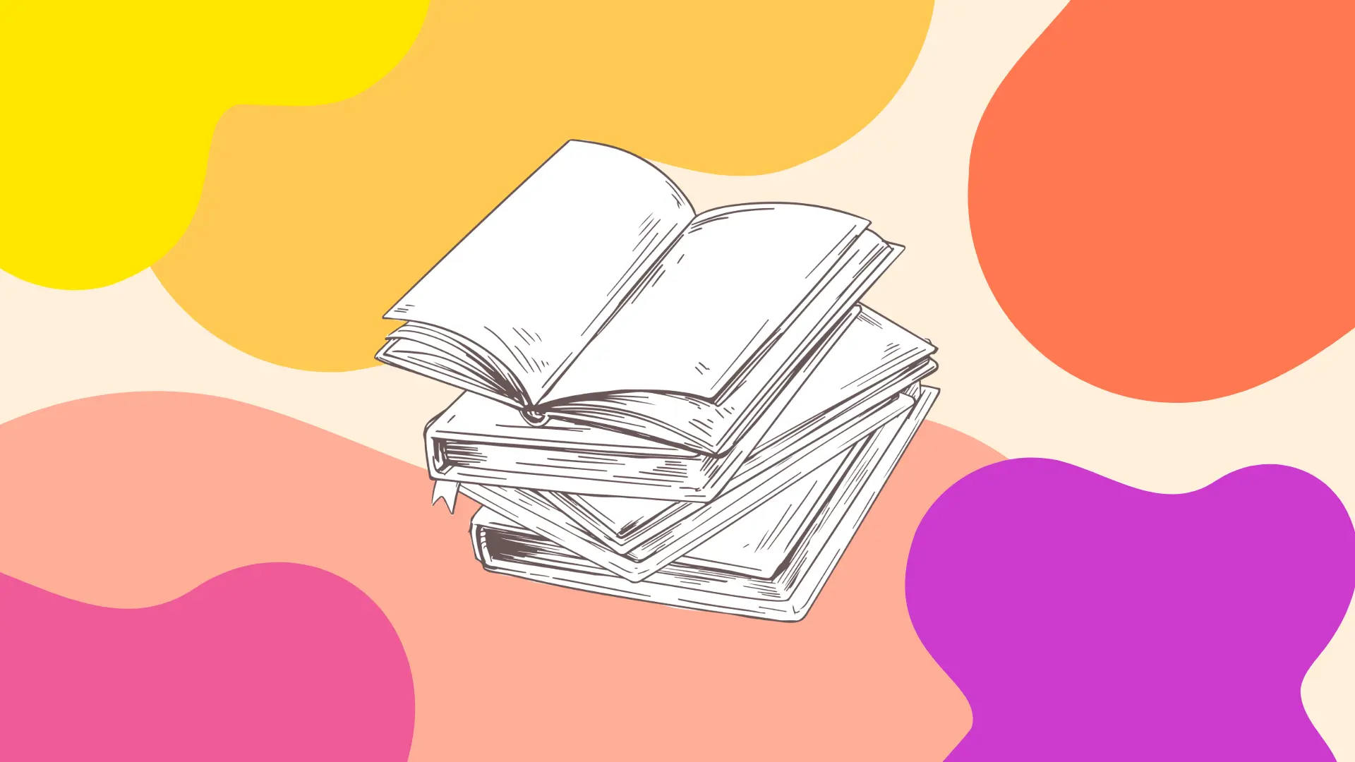 dessin de livres ouverts sur un fond avec des blobs de couleurs vives.