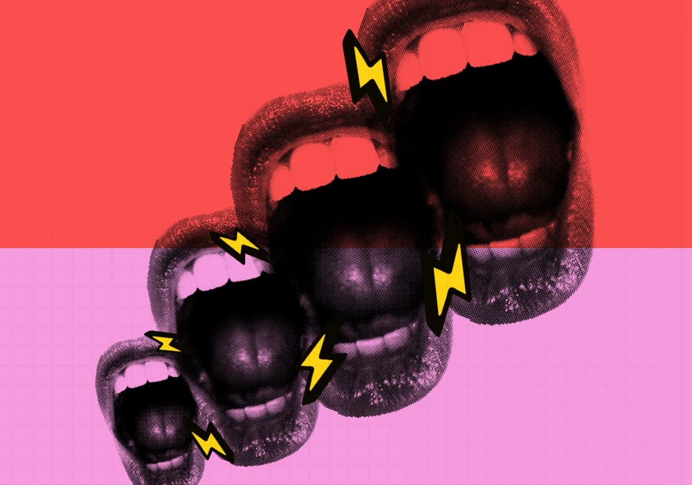 Illustration colorée, sur fond rose et rouge vifs, des photos de bouches hurlant en noir et blanc accompagnées de petits éclairs jaunes.