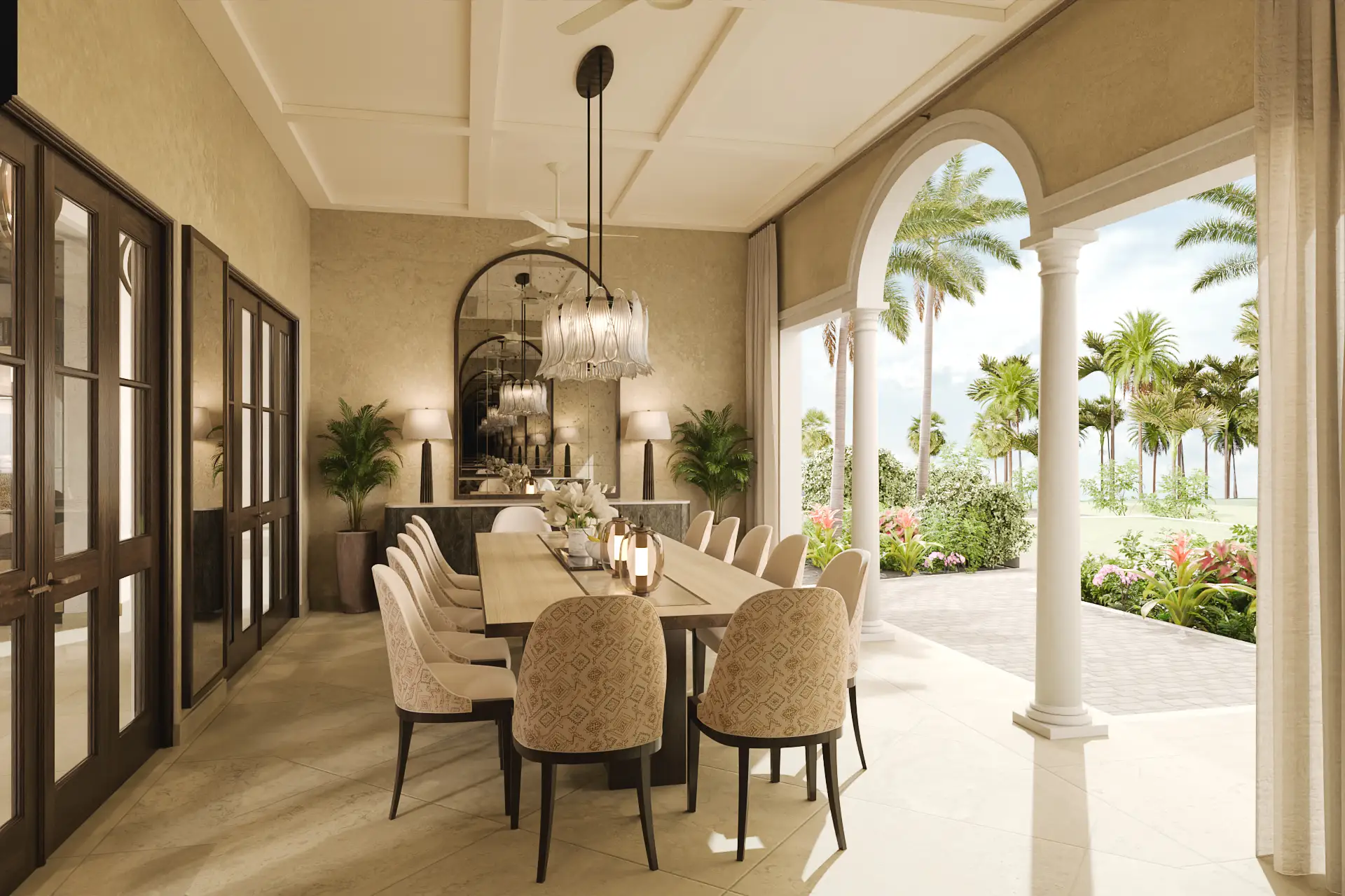Inside of a living room with 3 couches around a table