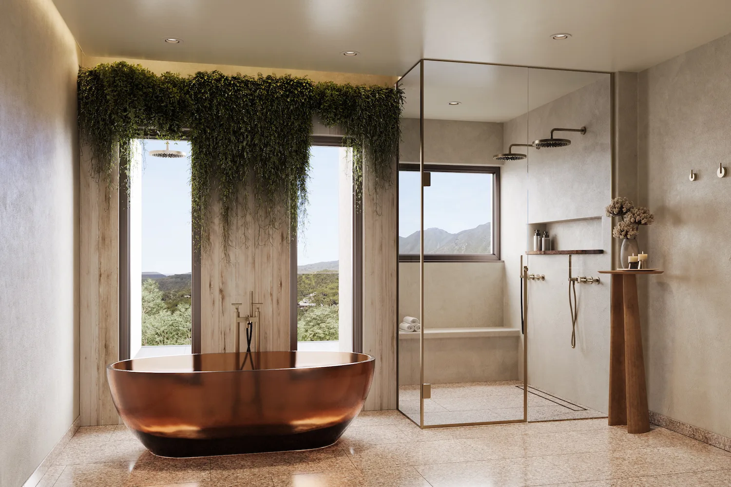 Freestanding copper soaking tub beneath a planted window, beside a walk-in shower at Four Seasons Nevis Peak Residences