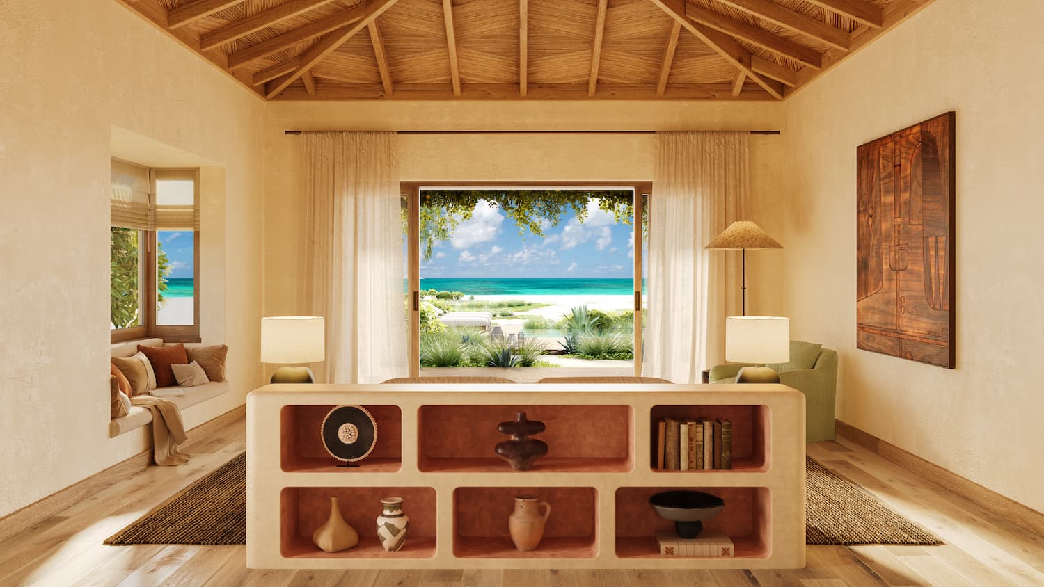 Open-plan living room with ocean views through sheer curtains and a vaulted timber ceiling at Nobu Residence, Barbuda