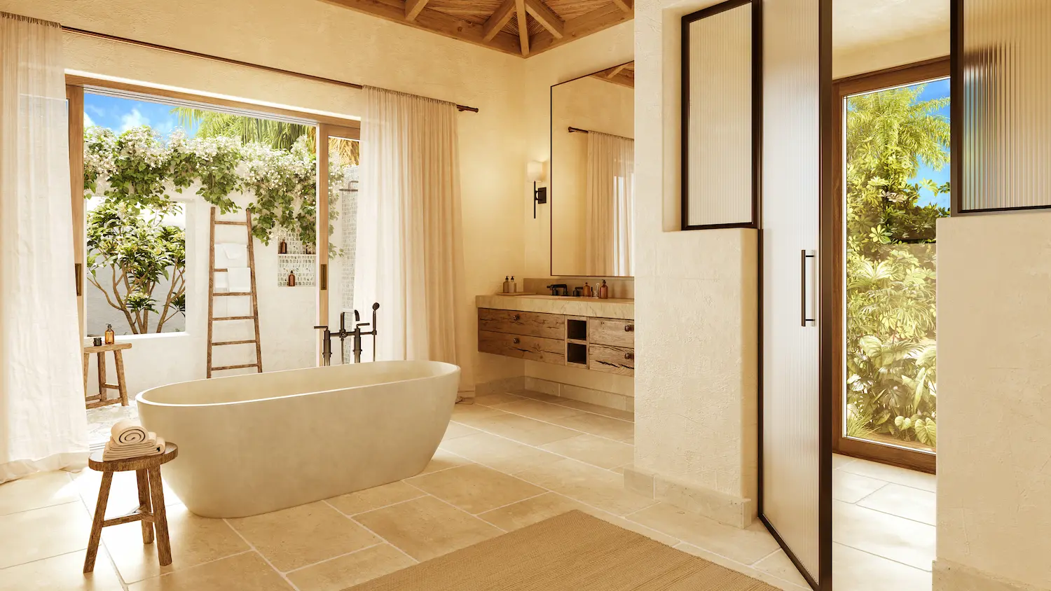 Freestanding stone bathtub beside an open-air shower framed by bougainvillea at Nobu Residence, Barbuda
