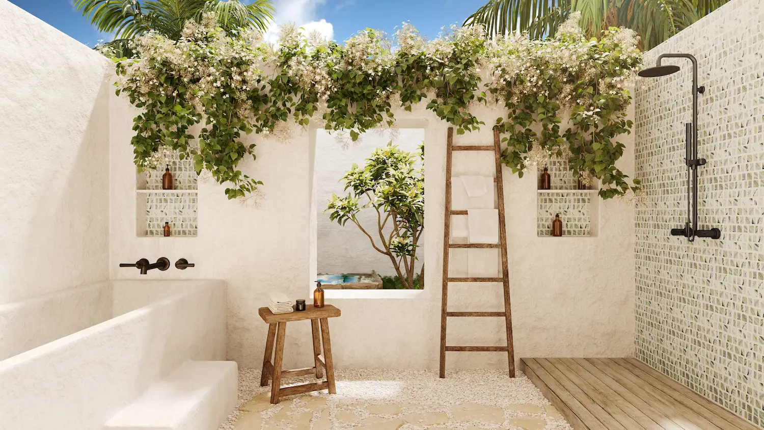 Outdoor bathroom courtyard with a built-in tub, mosaic-tiled shower, and a wooden towel ladder beneath bougainvillea-covered walls at Nobu Residence, Barbuda