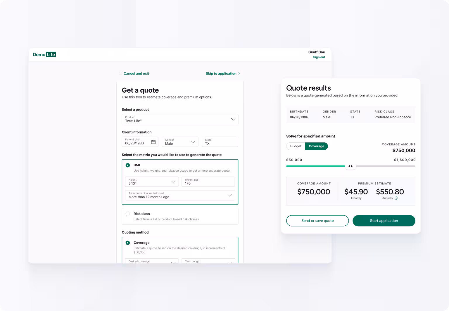 Example quoting screen showing quote options based on risk class or BMI as well as toggles for coverage and premium amount.