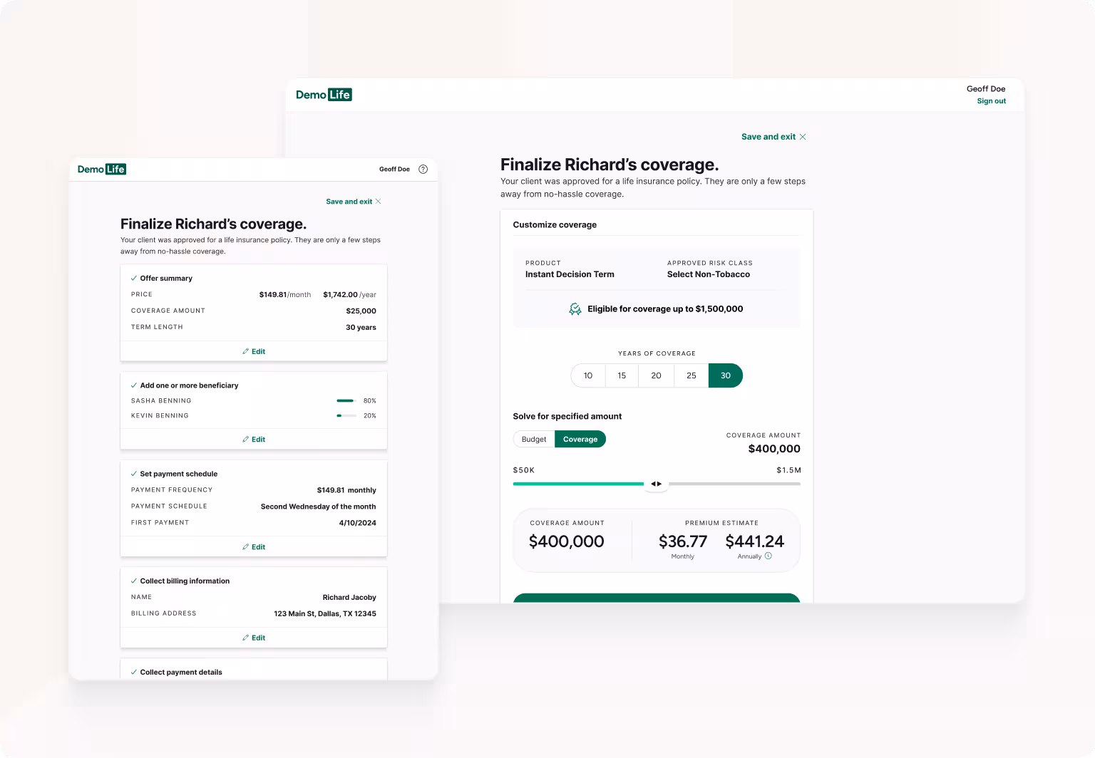 Example checkout screens for Agents that allow to collect payment information and assign beneficiaries.