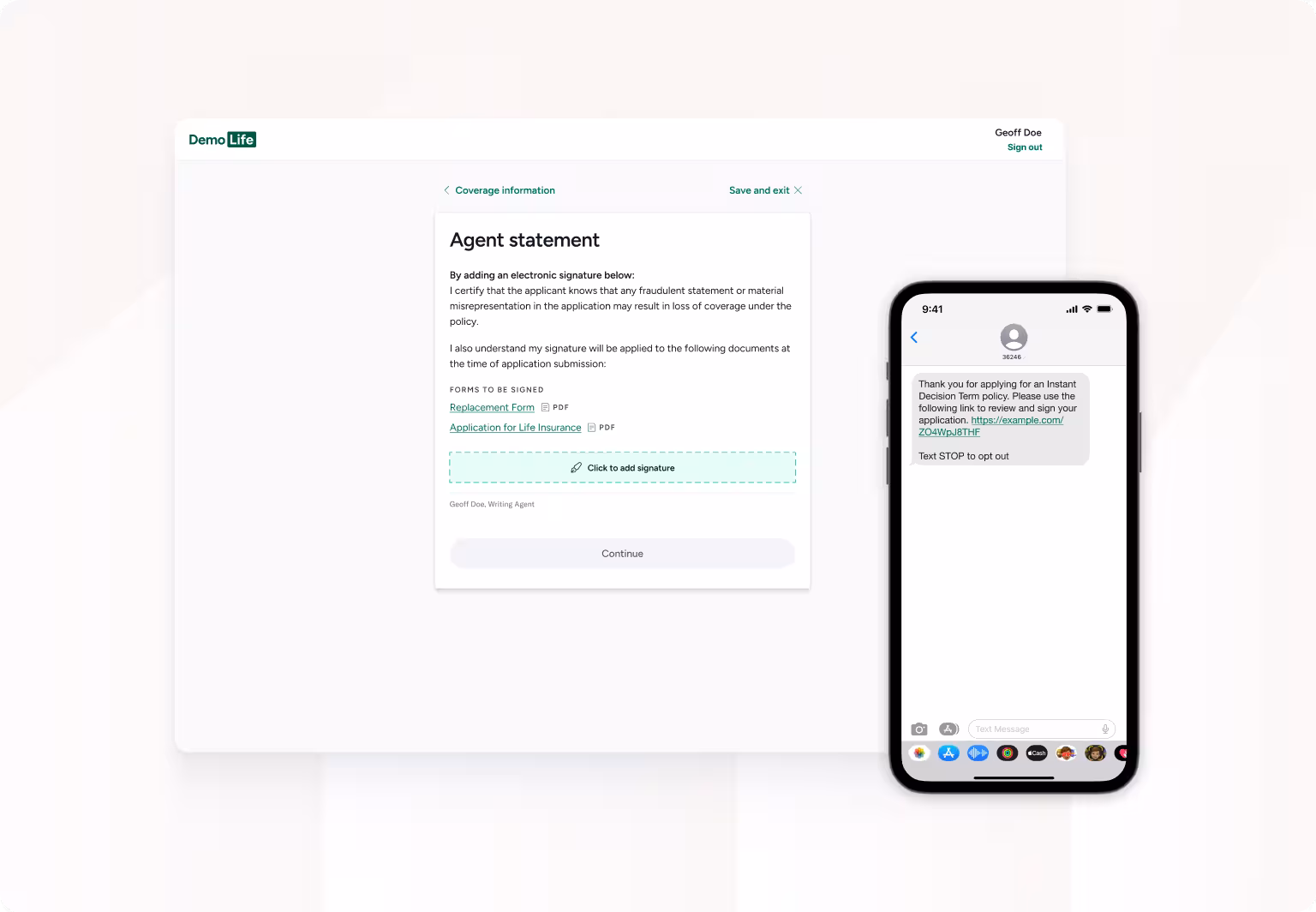 Image of desktop Agent Statement screen, and mobile handoff to client text SMS example.