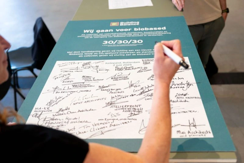 Handtekening van een persoon op een groot document getiteld 'Wij gaan voor biobased' met meerdere handtekeningen erop.