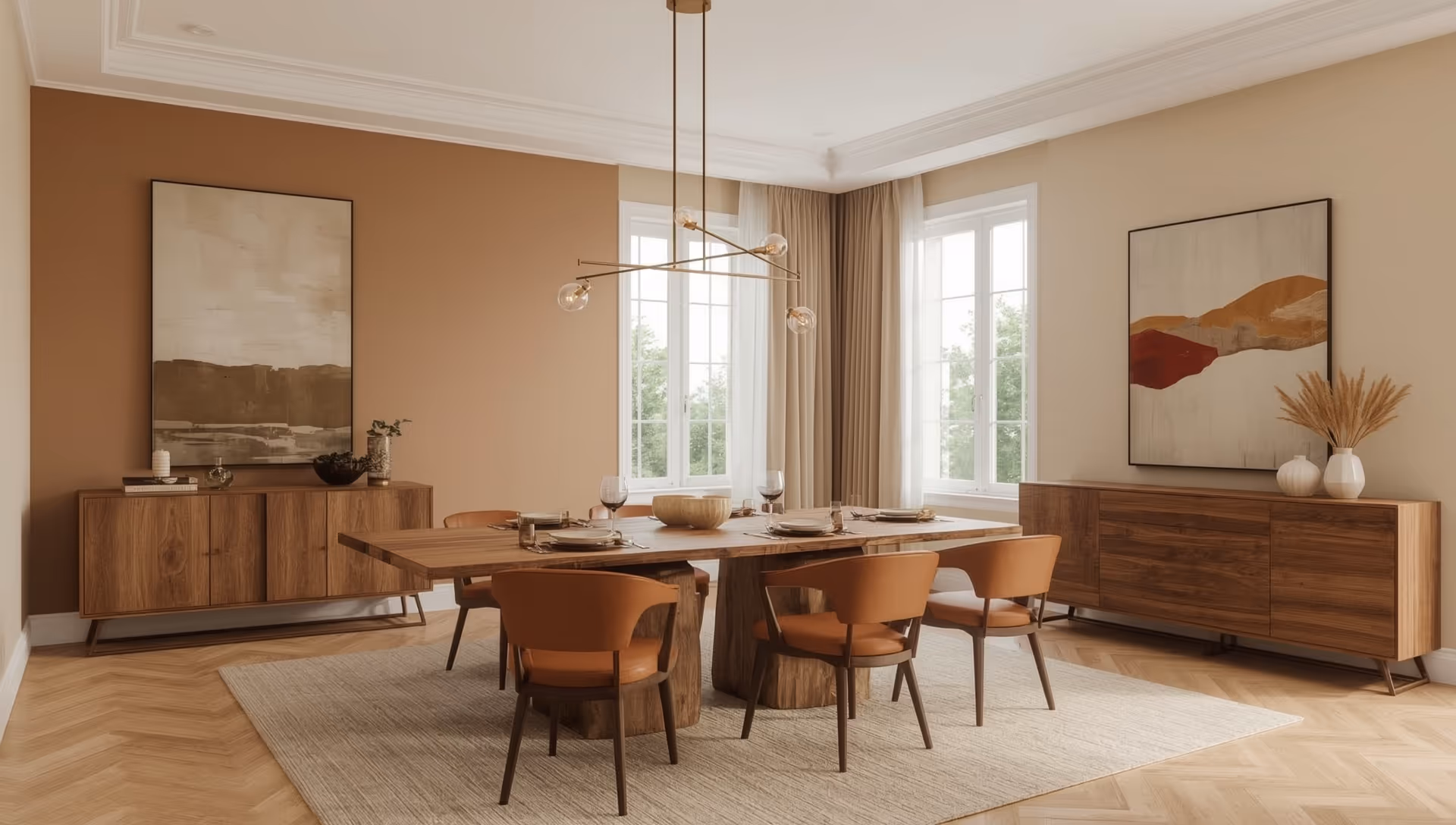 Modern dining room with a wooden table, six brown leather chairs, two wooden buffets, abstract wall art, and large windows with beige curtains.