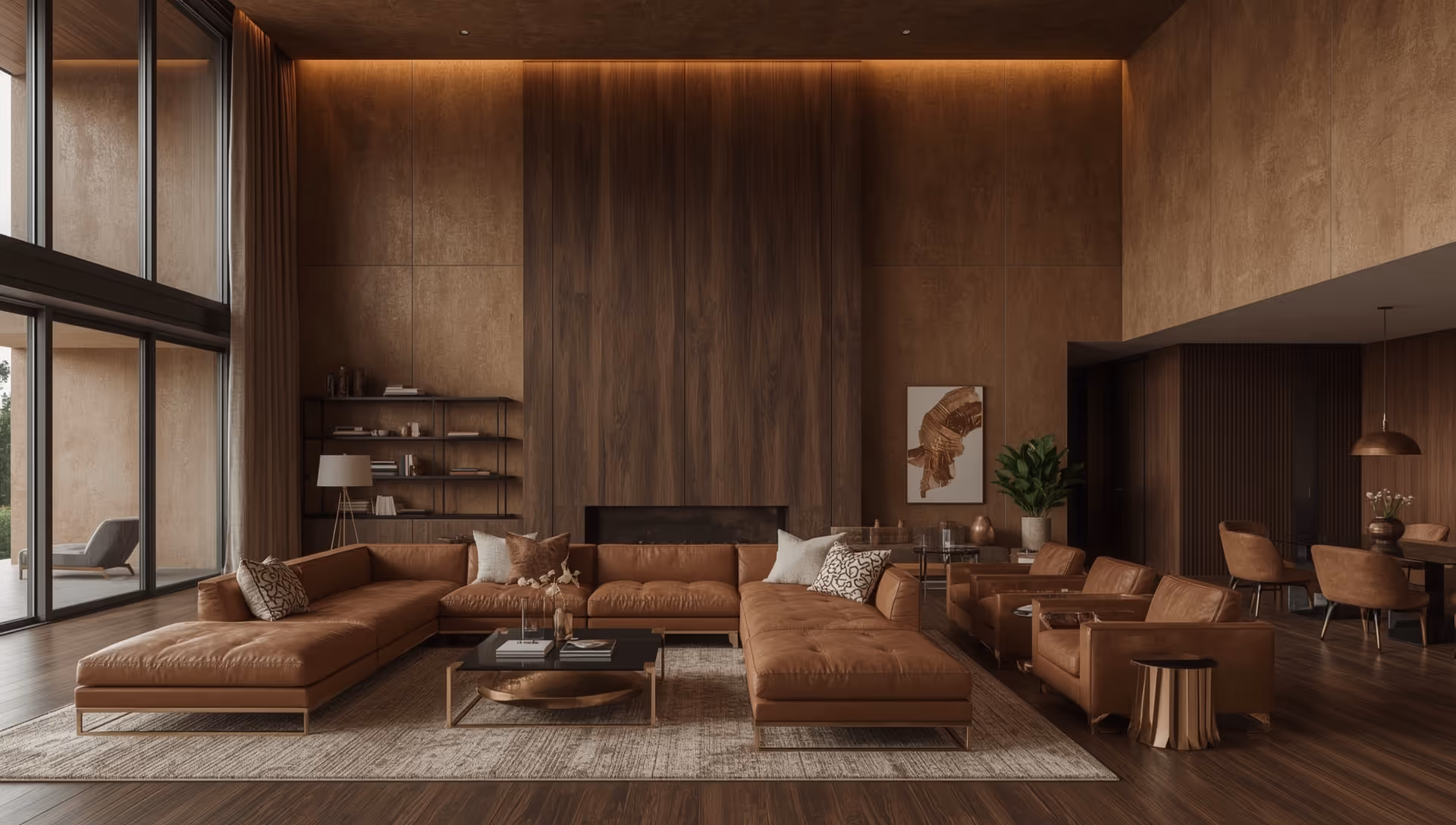 Modern living room with a large brown leather sectional sofa, matching armchairs, a square coffee table, wood-paneled walls, and large floor-to-ceiling windows.