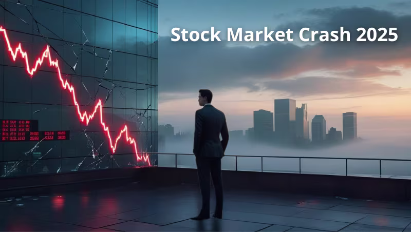 Investor overlooking a city skyline as a broken glass wall displays a plunging red stock chart, symbolizing the 2025 stock market crash.