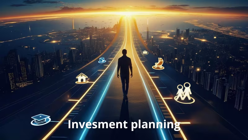 Person walking on a futuristic glowing road toward the horizon with life goal icons representing education, home, family, and retirement — symbolizing strategic investment planning.