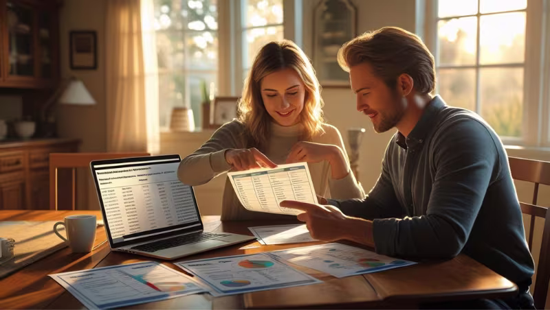 "A smiling couple sits at a wooden table reviewing printed financial documents and spreadsheets on a laptop in a warmly lit room with sunlight streaming through the windows.