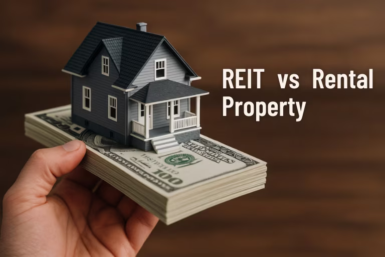 Hand holding stack of hundred-dollar bills with a miniature house on top, symbolizing REIT vs rental property real estate investment comparison