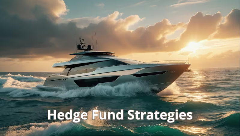 Luxury yacht cutting through stormy ocean waves under a golden sunrise, symbolizing hedge funds navigating market volatility, with the text “Hedge Fund Strategies” overlayed.