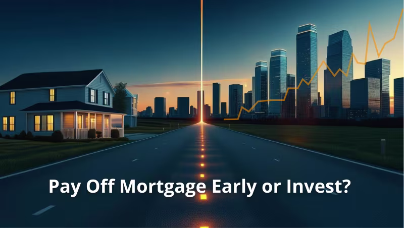 Split road leading to a suburban home on one side and a modern city skyline with rising stock market graph on the other, symbolizing the choice between paying off a mortgage early or investing.