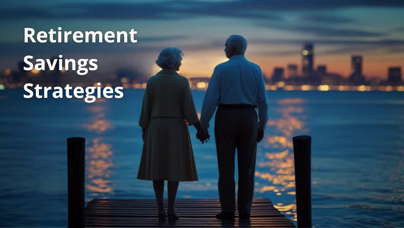 Elderly couple holding hands on a pier at sunset, overlooking city lights, symbolizing retirement savings strategies and long-term financial planning.