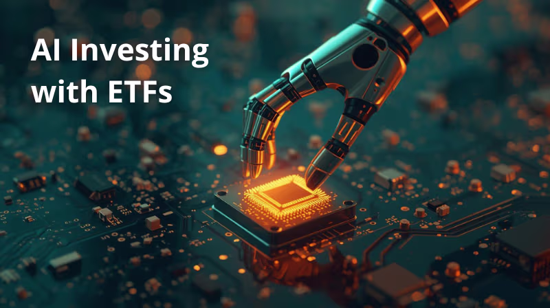 Robotic hand placing a glowing microchip on a circuit board, symbolizing AI investing and technology ETFs with a futuristic teal and gold color palette.