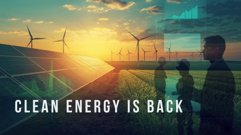 Illustration of the clean energy investment boom: solar panels and wind turbines glowing under a sunrise, with investors analyzing financial charts in the foreground, symbolizing growth, innovation, and sustainability in renewable energy markets.
