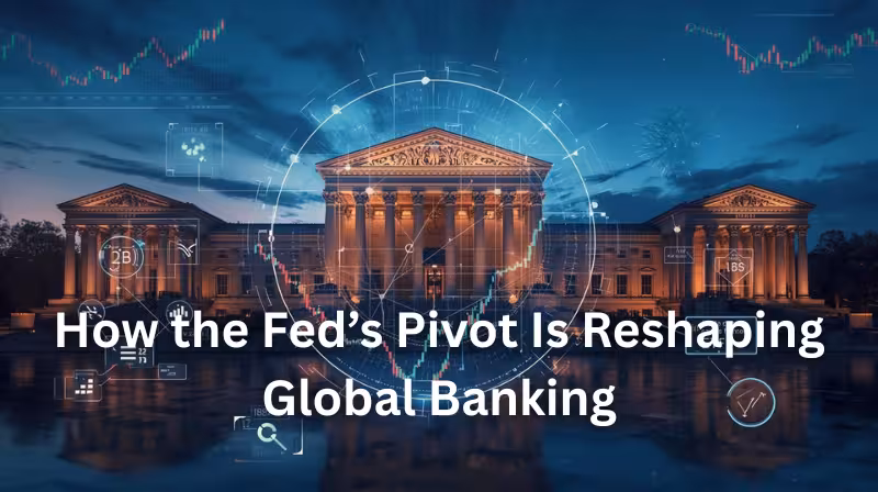 Illustration of the Federal Reserve building with digital financial charts and data overlays representing how the Fed’s rate cuts are reshaping global banking