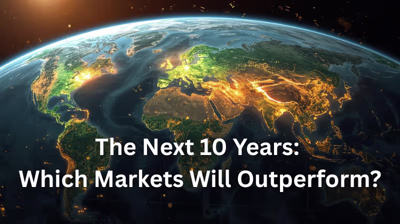 Global map with illuminated continents highlighting economic regions, illustrating a financial outlook on where the best stock market returns may come from over the next decade