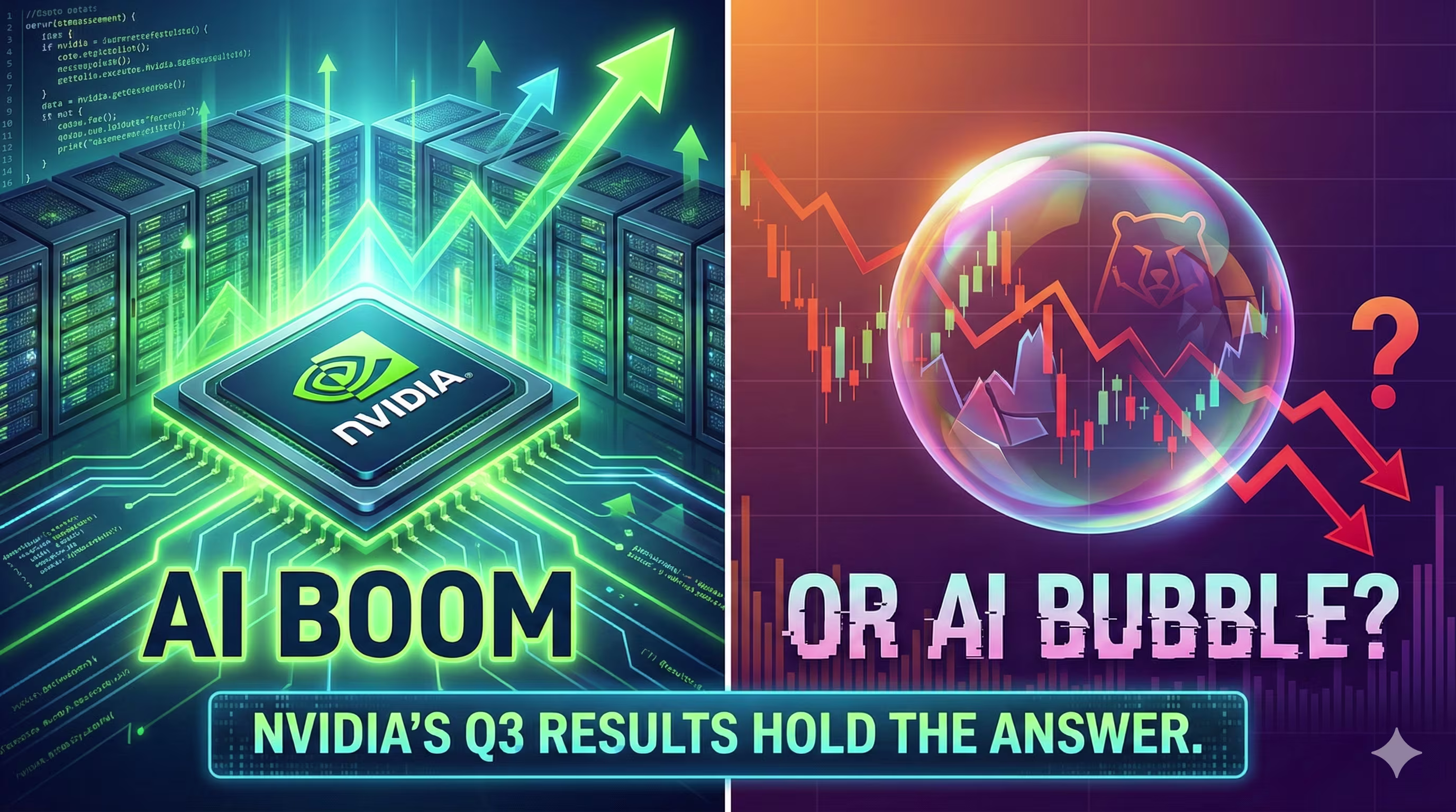 Nvidia’s earnings crushed expectations, signaling stronger AI demand, lifting semiconductor stocks, and reshaping investor outlook on the AI boom and tech markets. Split-screen illustration contrasting Nvidia AI boom growth with AI bubble risks. Left: rising green stock charts and GPU chip. Right: fragile bubble and bear market silhouette.