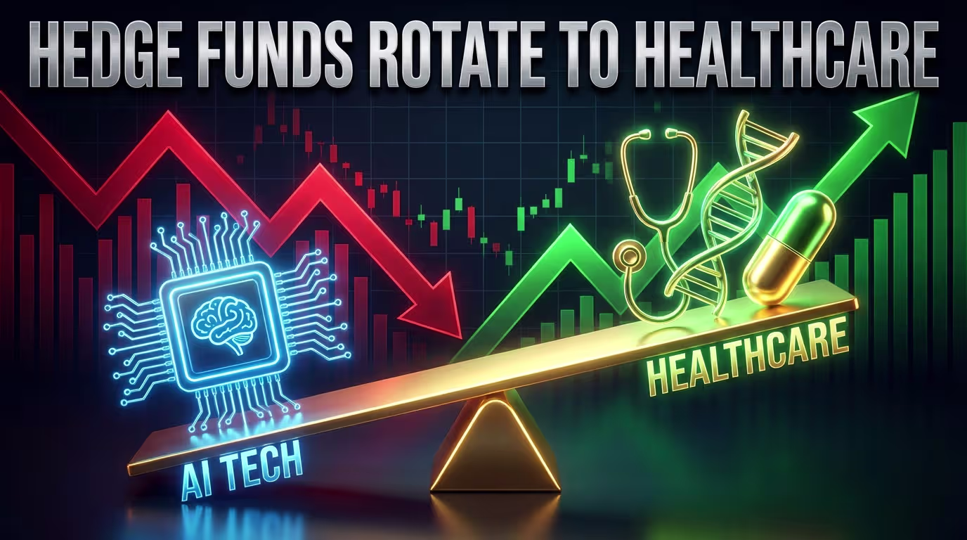 Golden seesaw with glowing AI chip tipping down and rising healthcare symbols against a financial chart background