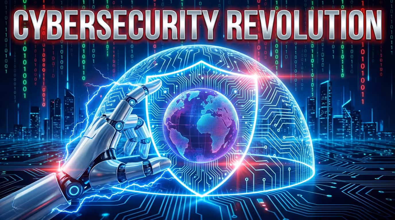 Futuristic digital shield with neon circuits symbolizing cybersecurity growth