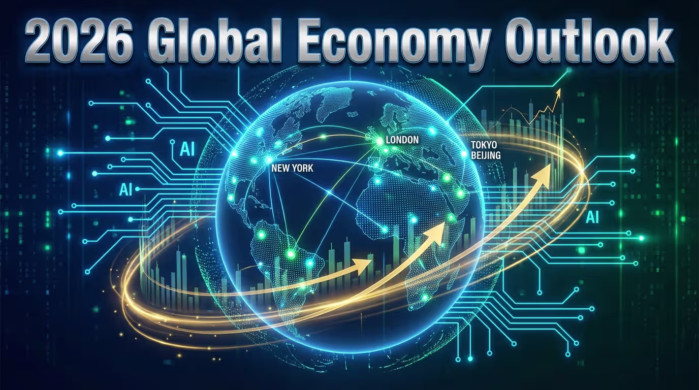 3D digital globe with neon AI circuitry, glowing stock charts, and rising arrows