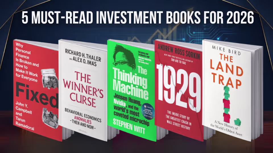 Stack of five stylized investment books on dark blue background