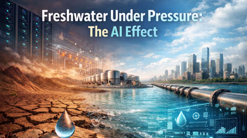 Freshwater under pressure illustration showing drought, water infrastructure pipeline, desalination plant, smart city and AI data center cooling demand — The AI Effect on water scarcity.
