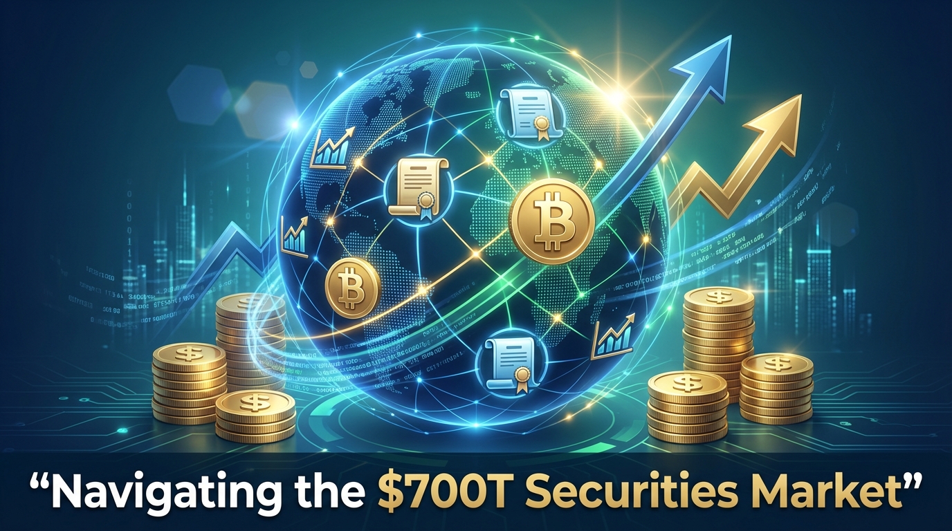Unpack the $700 trillion securities market including stocks, bonds, derivatives, and Bitcoin to grasp their roles in today's global finance ecosystem. Glowing 3D globe of stock charts, bond certificates and cryptocurrency symbols connected by network lines