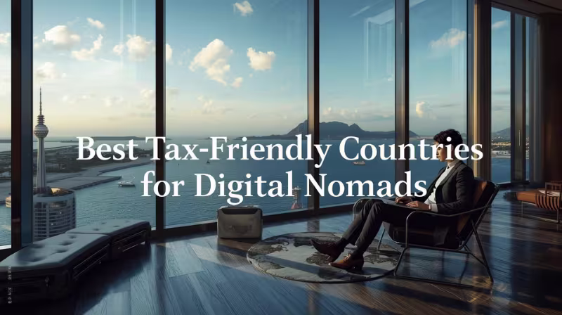 Cover image showing a digital nomad in business attire working on a laptop in a luxury high-rise overlooking the sea, with the title “Best Tax-Friendly Countries for Digital Nomads” centered across the image.